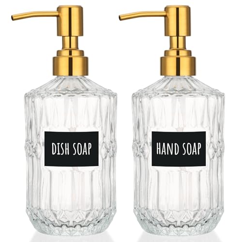 Segbeauty 15.2oz Glass Hand Soap Dispenser Bathroom, 2pcs Clear Glass Pump Dispensers for Countertop, 450ml Gel Lotion Liquid Bottles with Stainless Steel Pump, Body Wash Shampoo Conditioner Container - color: Clear Gold, size: 15.2oz/450ml