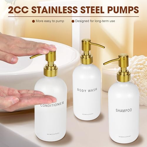 White Glass Shampoo and Conditioner Dispenser Set –16.9oz Refillable Bottles with Stainless Steel Pump, Non-Slip Mat & Waterproof Labels –Shampoo Conditioner Body Wash Dispenser for Shower - color: White