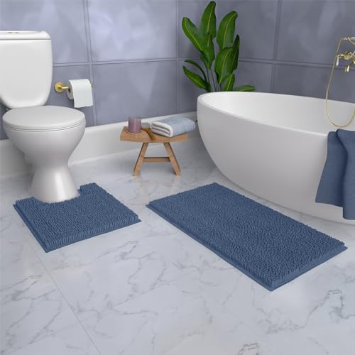 Bathroom Rugs Sets 2 Piece, Luxury Chenille Bath Mat Set, Soft Plush Anti-Slip Bath Rug + U-Shaped Toilet Mat. Microfiber Shaggy Carpet, Super Absorbent (24” x 36” & 20” x 24” U, Medium Blue) - color: Medium Blue, size: 2 Piece Set - Large