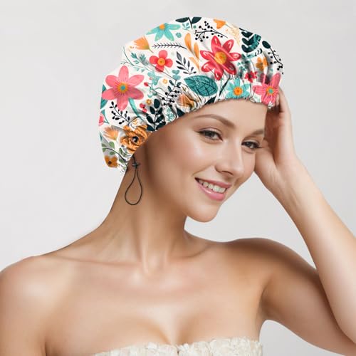 2 PCS Shower Cap Reusable Waterproof Adjustable Double Layer Elastic Dry Hair Bathing Caps Aesthetic Cute for Women Girls-Flower - color: H-9-Flowers