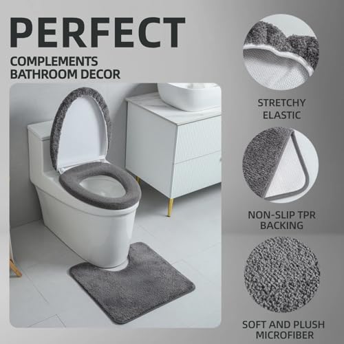 3piece Toilet Seat Cover Set - Toilet Seat Cover +Toilet Lid Cover + toilet rugs u shaped washable, Fits Most Elongated Round and Oblong Toilet(Machine Washable,Quick-Dry) grey - color: Gray
