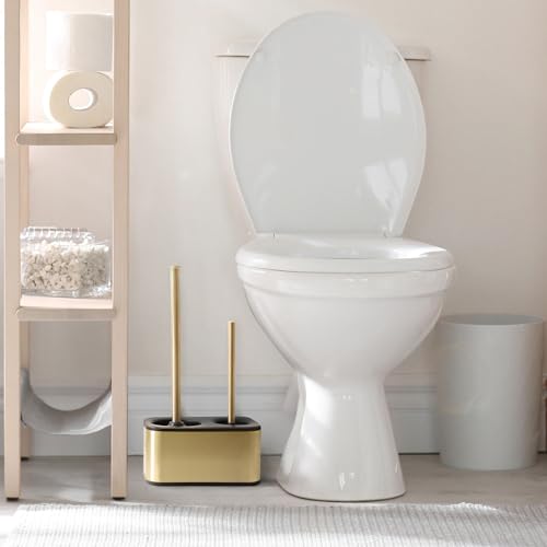 Blue Donuts Toilet Brush and Plunger Set with Holder, Sleek Minimalist Modern Gold Bathroom Accessories Toilet Plunger and Toilet Bowl Brush Combo - color: Gold