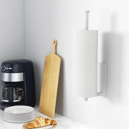 Paper Towel Holder - Self-Adhesive or Drilling, White, Wall Mounted, SUS304 Stainless Steel Kitchen Roll Dispenser Under Cabinet - color: White