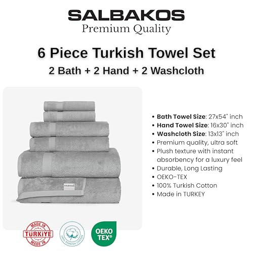 SALBAKOS 100% Turkish Cotton 6-Piece Towel Set | Premium Quality Hotel & Spa Collection | Soft, Super Absorbent 2 Washcloth, 2 Hand, 2 Bath Towel Sets | Made in Turkey (Silver, 6 Piece Towel Set) - color: Silver, size: 6 Piece Towel Set