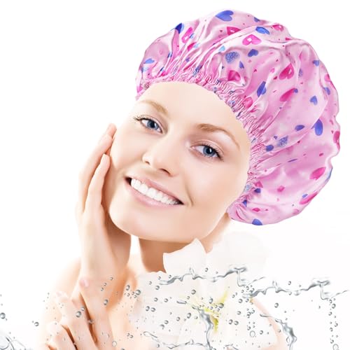 4 PCS Shower Cap for Women, Elastic and Reusable Bath Caps, Double Layers Shower Caps Reusable Waterproof, Bathing Shower Caps, Environmental Bath Hair Protection Cap - Heart - color: Heart