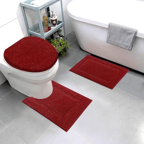 SHACOS Bathroom Rugs Sets 3 Piece with Toilet Lid Cover | Non Slip Absorbent Small Bath Mats 16"x24" U Shape Contour Mat Soft Microfiber Shaggy Machine Washable Bathroom Carpet (Red) - color: Red, size: 16"x24"+U-Shape 20"x24"+Lid Cover 19"x21"