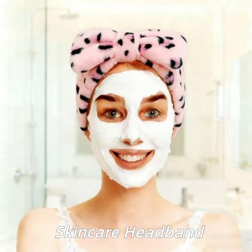 7 Pcs Spa Set, Facial Headband and Wristband Set, Skincare Accessories, College Style Girl Idea Gifts, Hair Accessories for Women and Girls（Leopard Print Pink） - color: Leopard Print Pink