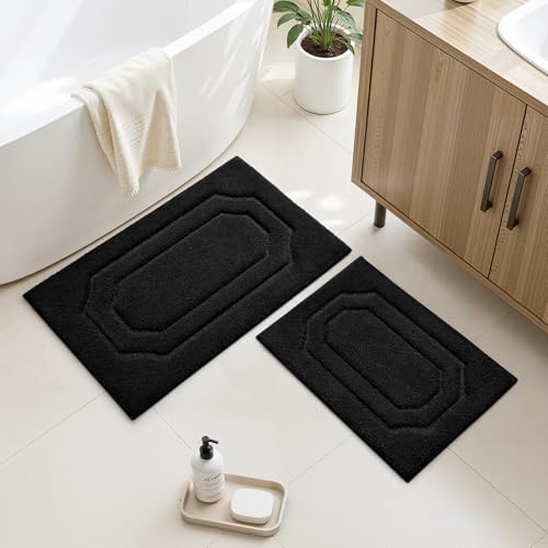 HOMEIDEAS Black Bathroom Rugs Sets 2 Piece, Extra Soft and Absorbent Microfiber Plush Bath Mat with Non Slip Backing - color: Black