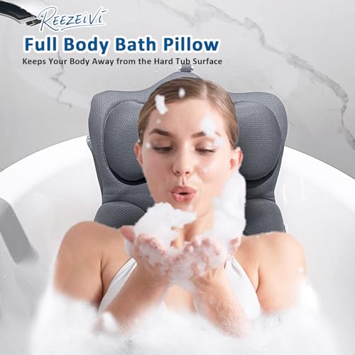 REEZEIVI Full Body Bath Pillow,Thick Bathtub Cushion with Laundry Bag,Bath Pillow with 13 Non-Slip Suction Cups,Soft 3D Mesh Fabric,Bathtub Cushion for Headrest Neck and Back Support (Gray) - color: Gray