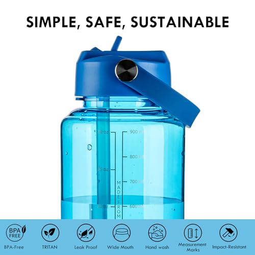 OLDLEY 32oz Water Bottle with Straw,Leakproof Tritan Clear Bottle with Marked Bottle and Carry Handle, BPA-Free Wide Mouth Reusable Sports Water Bottle for Gym,Hiking, Camping, Travel, Workout,Blue - color: Blue