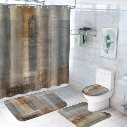 4Pcs Shower Curtain Set, Brown Grey Rustic Vintage Farmhouse Bathroom Shower Curtain with Rugs and Accessories,with Non-Slip Rugs, Toilet Lid Cover and Bath Mat for Bathroom Decor Set - color: Brown Grey