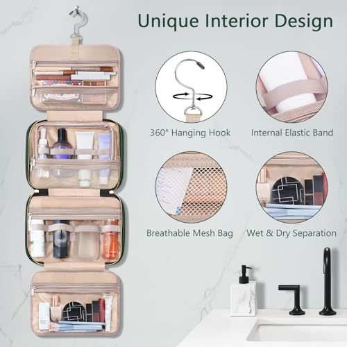 Wedama Toiletry Bag for Women, Hanging Travel Toiletry Bag with Jewelry Organizer Compartment Large Makeup Bag, PVC Waterproof Cosmetic Travel Bag Trips Camping Bathroom, Dark Green - color: Dark Green, size: Large, style: With Jewelry Organizer Compartme