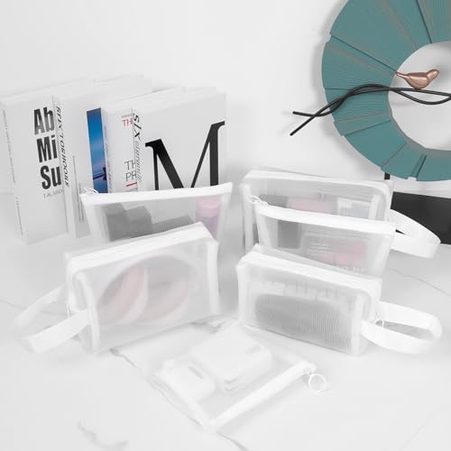 6 Pieces Zipper Mesh Makeup Bags Set, Nylon Cosmetic Bags Portable Clear Toiletry Bas Travel Organizer Bags for Office Travelling Organization (White, Assorted Size) - color: White
