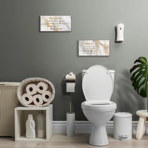 DONFENTHY 2 Pieces White Gold Bathroom Decor Bathroom Rules Wall Art Rustic Farmhouse wooden Sign for Toilet (White Gold 12x6") - color: White