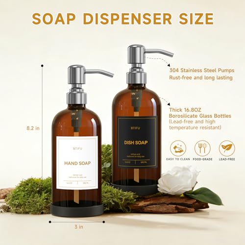 Kitchen Soap Dispenser Set – 16.8oz/500ml Glass Hand and Dish Soap Dispenser with Stainless Steel Pumps & Non-Slip Silicone Base, Luxury Countertop Decor for Home, Airbnb, Spa (Amber & Silver) - color: Amber & Silver