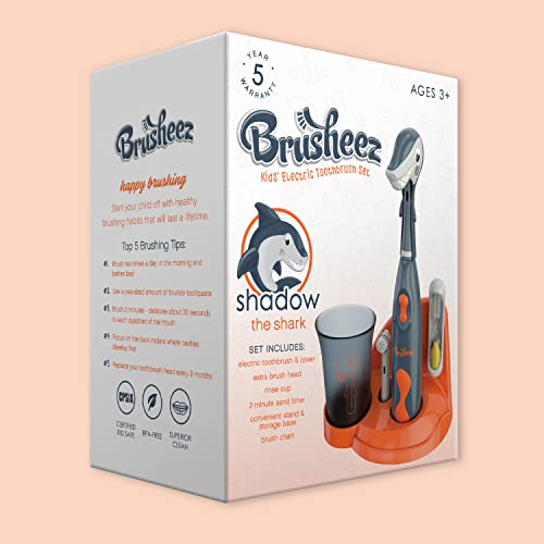 Brusheez Kids’ Electric Toothbrush Set - Safe & Effective for Ages 3+ - Parent Tested & Approved with Gentle Bristles, 2 Brush Heads, Rinse Cup, 2-Minute Timer, & Storage Base (Shadow the Shark) - color: Blue, White