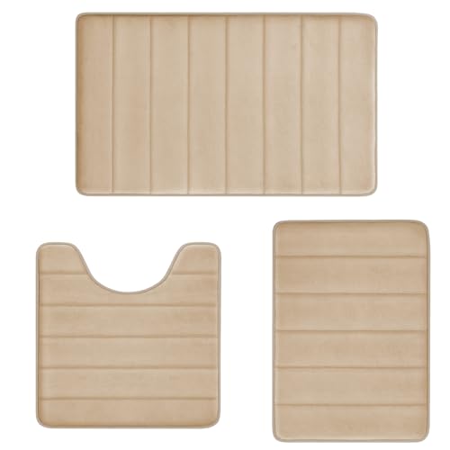 RUN HELIX Memory Foam Bath Mat Set 3 Piece, Soft and Comfortable, Super Water Absorption, Non-Slip, Thick, Machine Wash, Easier to Dry for Bathroom Floor Rug, Beige Toilet Rug Bathroom Set - color: Stripe-beige