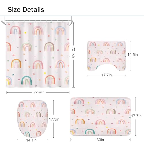 4 PCS Pink Kids Rainbow Shower Curtain Set 72Wx72H Inch Girls Boho Cute Bathroom Rug Set Polka Dot Child Toilet Lid Cover Nonslip U Shape Mat Quick Dry Rubber Backed Dirt Resistant Accessories - color: A Rainbow Pink, size: 72"W x 72"L (Pack of 1)
