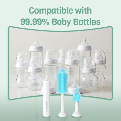 SEANCHEER S02 Electric Bottle Brush Set, Portable Baby Bottle Brush Cleaner, AA Battery-Powered & IPX7 Waterproof, with Silicone Bottle/Nipple/Straw Brush, for Home & Travel (Blue) - color: White-blue