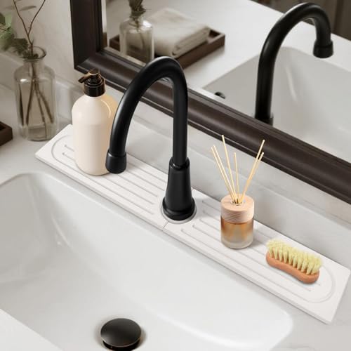 23.6" Drying Stone Faucet Mat for Kitchen Sink - Diatomite Quick Dry Splash Guard, Water Absorbent Stone Tray, Durable Protector for Bathroom Counter (White, 23.6" x 3.9")