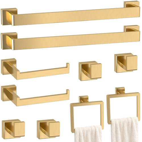 Bathroom Accessory Towel Bar Set: 10 Pieces Gold Square Bathroom Hardware SUS304 Stainless Steel - 24 Inch Wall Mounted Towel Rack&Toilet Paper Holder&Towel Ring and Towel Hook - color: Gold, size: 24inch 10 Pieces