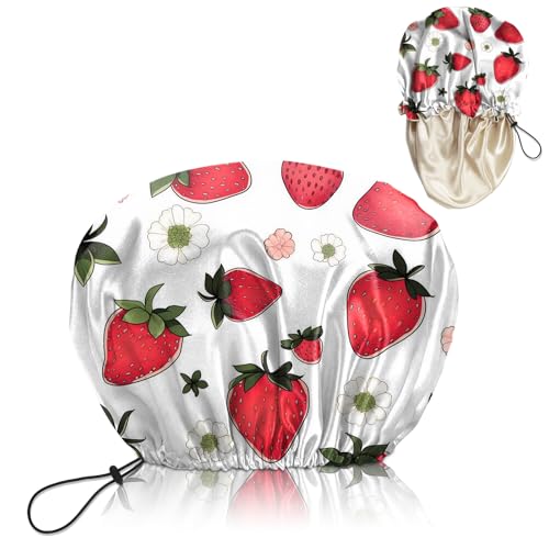 Luxury Shower Cap Satin Lined Reusable Waterproof Double Layer Elastic Adjustable Hair Bath Cap Cute Aesthetic Women Girls-Strawberry - color: F2-Strawberry