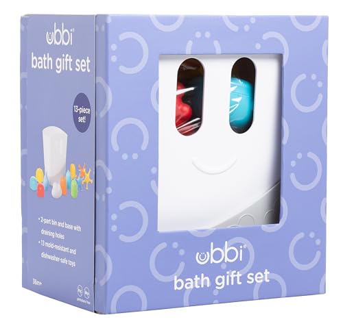 Ubbi Baby Bath Time Essential Gift Set, Includes Drying Bin and 11 Bath Toys, Dishwasher Safe, White - color: Classic Gray Gift Set, size: One Size