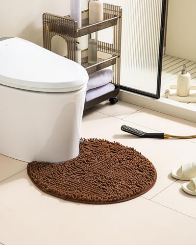 Soft Shaggy Round Toilet Rug U Shaped for Bathroom, Excellent Absorbent Contour Toilet Mat Machine Washable, Non-Slip Microfiber Chenille Bathroom Rugs 24" Brown - color: Brown