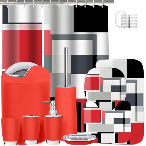 Lnond Red Bathroom Set, 23-Piece Red Black Geometric Bathroom Decor Set with with Shower Curtain and Rugs, Trash Can, Toilet Brush Holder Set & Soap Dispenser - style: Red Geometric