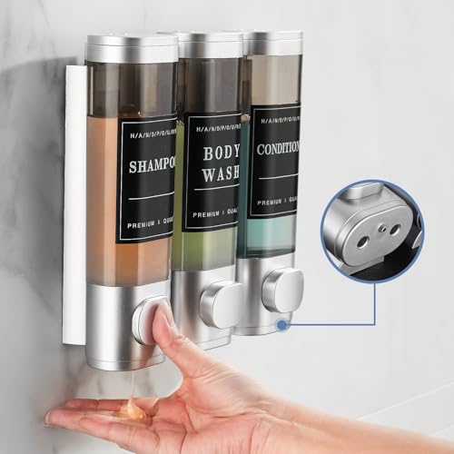 Shower Soap Dispenser Wall Mounted No Drill Shampoo Dispenser for Shower Wall Shampoo and Conditioner Dispenser Bathroom Hotel 3 * 300ml with Waterproof Labels Sliver - color: Silver