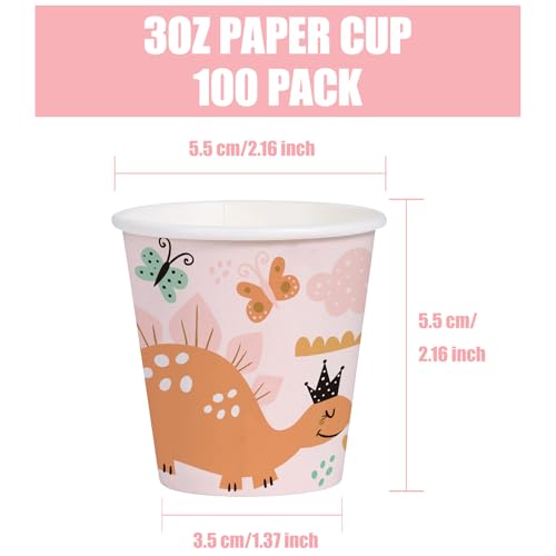 WRAPAHOLIC 3oz Dinosaur Birthday Paper Cups - 100 Pack Disposable Bathroom Cups with Baby Dinosaur 4 Design, Small Mouthwash Cup for Toothbrush Rinse, Home Bathroom and Baby Girl Shower - color: Pink Dinosaur 4 Design