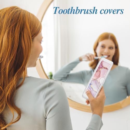Toothbrush Travel Case - Colorful Pattern, Holder and Covers for Toothbrushes, Includes Tongue Scraper Case - color: Pink Marble, size: Large