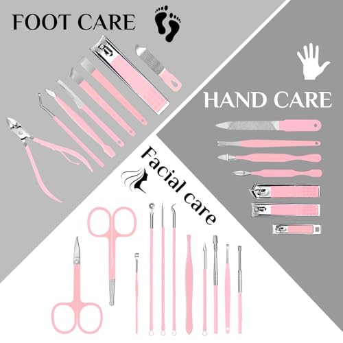 MINKINH 26-Piece Professional Manicure Set，Features Stainless Steel Tools, Carbon Steel Clippers & Travel Case for Women's Home and Travel Grooming(Pink) - color: Pink