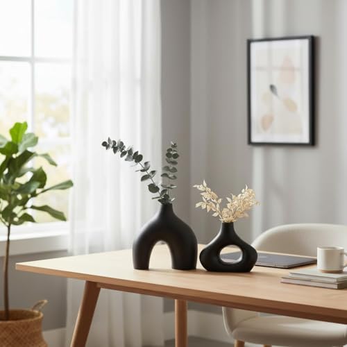 Carrot's Den Donut Vase, Set of 2 - Minimalist Nordic, White Ceramic Hollow Donut Vase Decor | Table Centerpiece, Olive Plant, Wedding, Living Room, Bookshelf, Office, Modern Home, Entryway, Console - color: Black