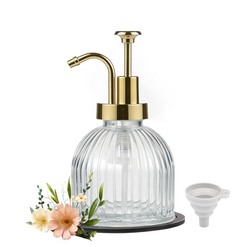 SheeChung 8 Oz Glass Soap Dispenser Bathroom, Clear Liquid Hand Soap Dispenser with Pump, Refillable Dish Soap Dispenser for Kitchen, Cute Modern Stripes Lotion Bottle, Shampoo (Gold Pump, 1 Pack) - color: Clear-gold Pump, 1 Pack