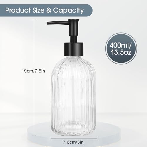 Topsky 2 Pack Glass Soap Dispenser with Plastic Pump, 400ml Liquid Hand Soap Dispenser, Rustproof Pump for Kitchen & Bathroom, Great for Lotions, Essential Oil, Liquid Soaps,Transparent - color: Stripe-clear, size: Plastic Pump