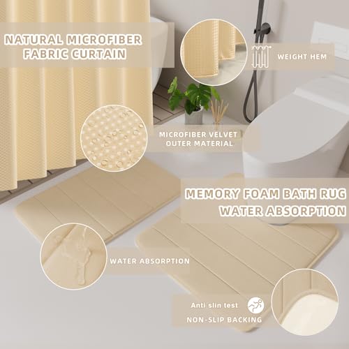 XLHOMO Bathroom Set- 25PC Beige Bathroom Set, Bathroom Set with Shower Curtain and Rugs, Beige Shower Curtain Set, Toilet Brush, Bathroom Trash Can - size: Bath Set+Shower Curtain+Rugs, style: Beige