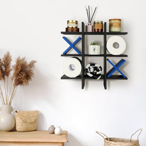 Weysat Tic Tac Toe Toilet Paper Holder Stand Bathroom Wall Decor Rustic Wooden Hanging Storage Freestanding Wall Mounted Shelves Decor for Toilet Tissue Farmhouse - color: Black, Dark Blue