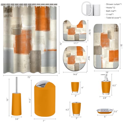 Lnond Orange Bathroom Set, 23-Piece Orange Abstract Bathroom Decor Set with with Shower Curtain and Rugs, Trash Can, Toilet Brush Holder Set & Soap Dispenser - style: Orange Abstract