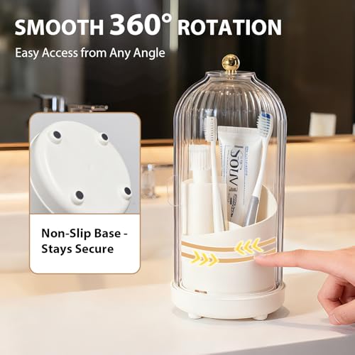 3-Slot Rotating Toothbrush Holders with Lid, Enclosed Toothbrush Holders for Bathrooms, Countertop Plastic Toothpaste Holder with Cover, Makeup Brush Holder for Vanity, Utensil Storage(White)
