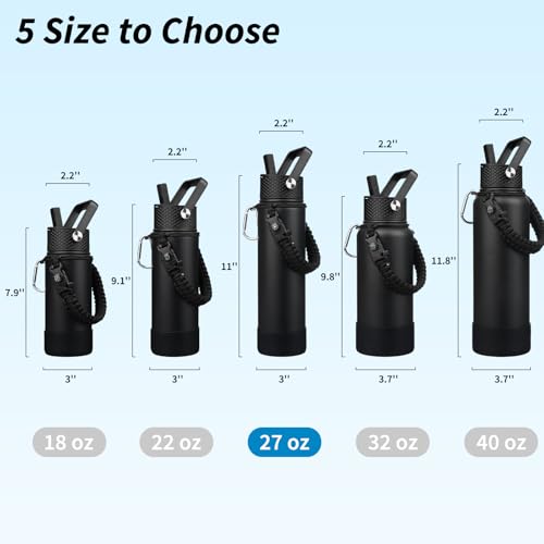 BJPKPK 27oz Insulated Water Bottles with 3 Lids, Paracord Handle & Non-slip Boot, Stainless Steel Metal Water Bottle with Straw, BPA Free Leak Proof Thermal Flasks, Tumblers,Black - color: Black, size: 27 Ounces