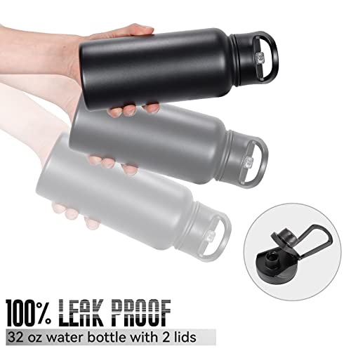 32 oz Insulated Water Bottle Bulk 4 Pack, Stainless Steel Sports Water Bottles with Straw Lid & Wide Mouth Lids, Double Walled Vacuum, Leak Proof, Black - color: Black, size: 32 Ounces-4
