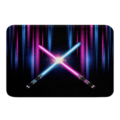 Purple Blue Light Up Sword Bathroom Rug Neon Light Geometric Abstract Ombre Non Slip Bath Mat Kids Boys Men Fashion Games Shaggy Absorbent Floor Mat Cool Black Bath Indoor Doormat Decor,16"x24" - color: Lightsaber 05, size: 16" x 24"