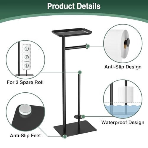 Toilet Paper Holder Stand with Top Storage Shelf, Free Standing Toilet Roll Dispenser for Bathroom, Holds 4 Reserve Rolls - color: Matte Black