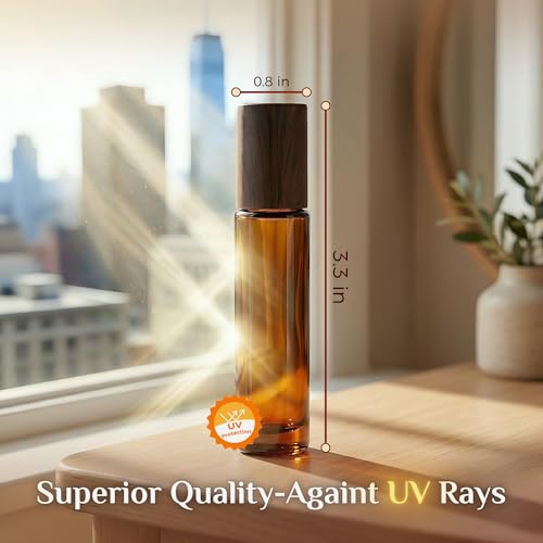 PrettyCare 12 Pack, 10 ml Essential Oil Roller Bottles with Stainless Steel Roller Ball - Refillable Leak-proof Empty Thick Amber Glass Roll on Bottles with Wooden Caps for Travel, Perfume - color: Amber with Wooden Cap, size: 12 Pack