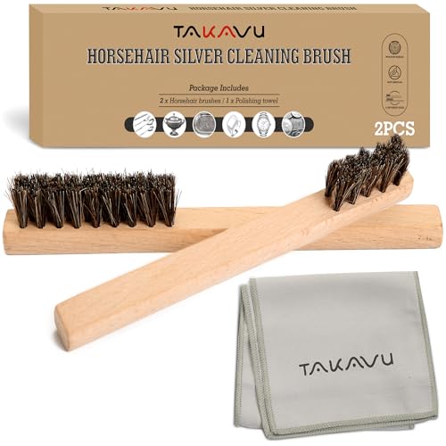 TAKAVU Horsehair Detail Brush Set, Silver Cleaning Brushes & Polish Cloth for Silverware Plateware Jewelry - color: 2pcs Horsehair Brush Set