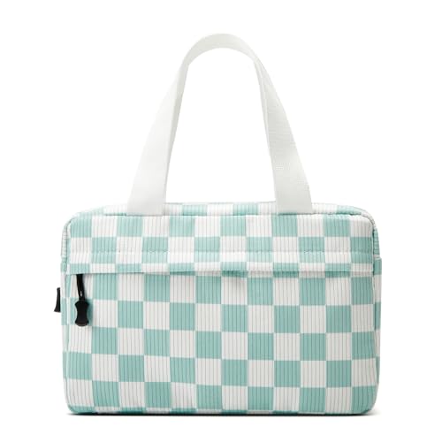 Large Makeup Bag for Women Corduroy Cosmetic bag Make up Bags Zipper Pouch with handle Cosmetic Organizer Toiletry Bag for Travel Storage - color: 23-Checkered Mint Green White