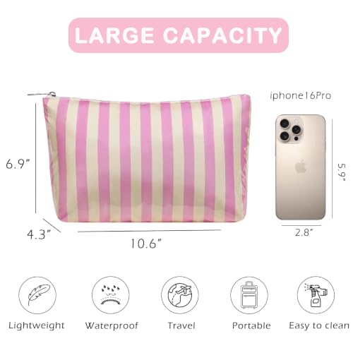 RSRSLEII Large Waterproof Travel Striped Makeup Bag, Aesthetic PVC Toiletry Bag, Coquette Cosmetic Bag, Sunscreen Accessories Storage Organization，Beach Travel Purse(11Pink&Beige) - color: 11Pink&Beige