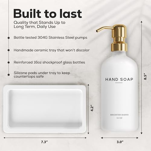 Luxury Glass Soap and Lotion Dispenser Set with Tray by Brighter Barns - Hand Soap Dispenser Bathroom Set & Stainless Steel Pump for Home or Airbnb - White and Gold Bathroom Accessories & Decor (Gold) - color: Gold Sl