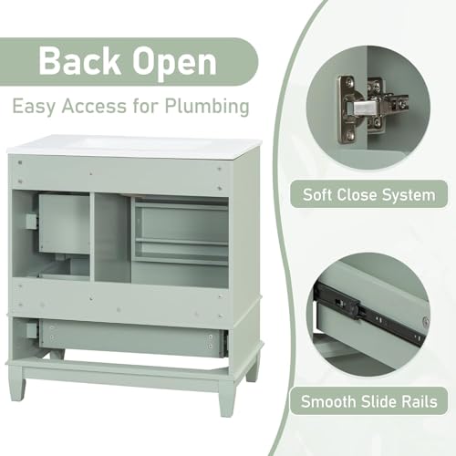 Linique 30" Bathroom Vanity with Sink Combo Set, Solid Wood Frame Bathroom Storage Cabinet with 3 Drawers, Soft Closing Cabinet Door with Organize, Light Green - color: Light Green, size: 30"/ Door with Organizer